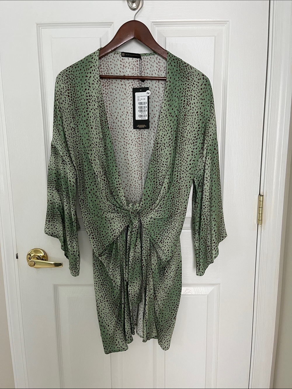 Light Green Tie-Front Swim Coverup with Micro Dot Print